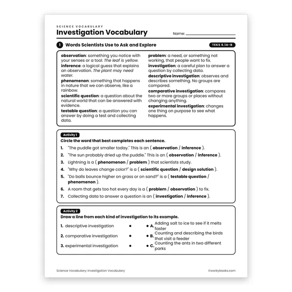 Investigation Vocabulary worksheet for grade 6