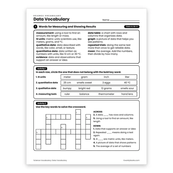 Data Vocabulary worksheet for grade 6