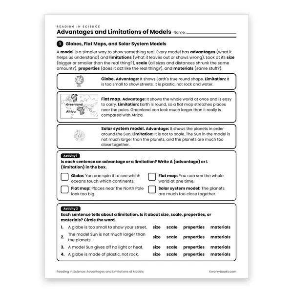 Advantages and Limitations of Models worksheet for grade 6
