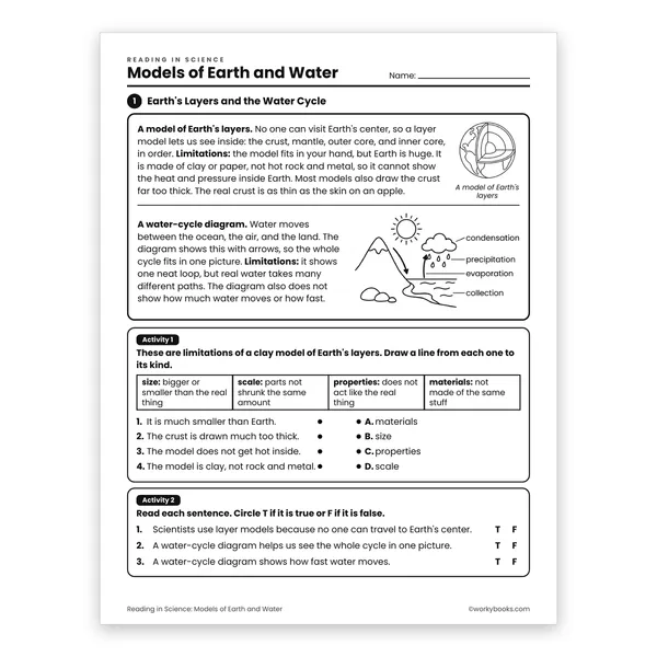 Models of Earth and Water worksheet for grade 6
