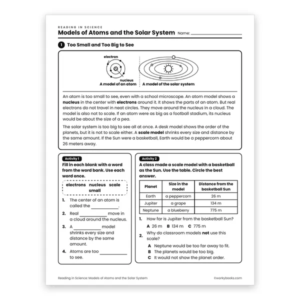 Models of Atoms and the Solar System worksheet for grade 6