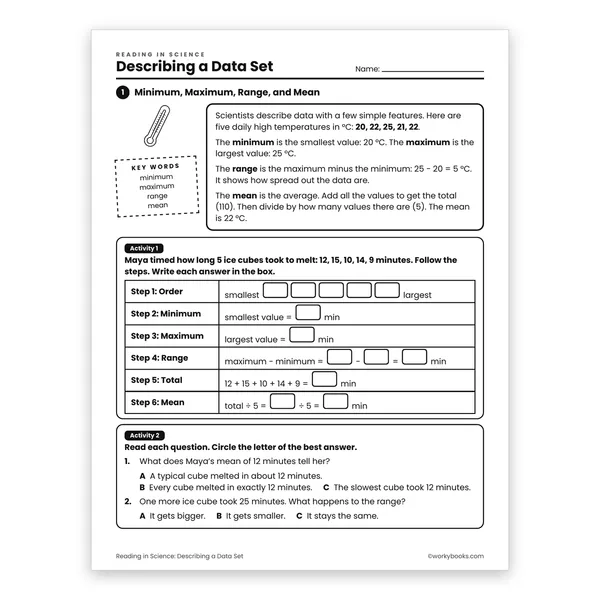 Describing a Data Set worksheet for grade 6