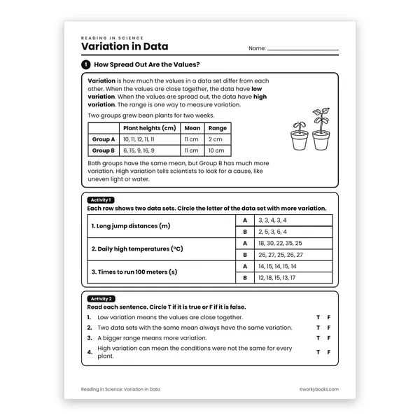 Variation in Data worksheet for grade 6