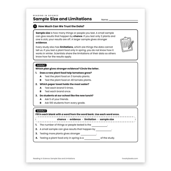 Sample Size and Limitations worksheet for grade 6