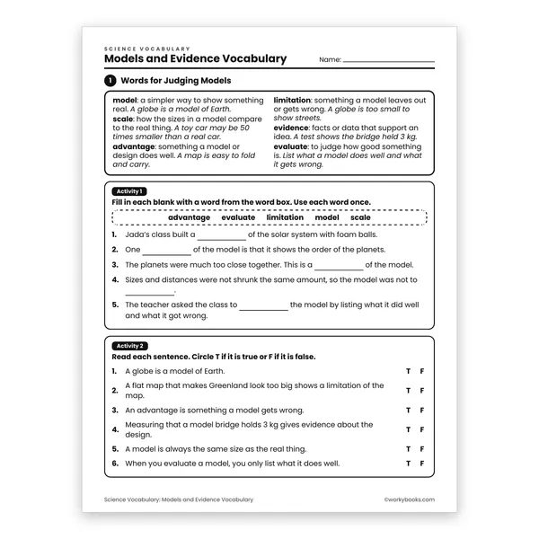 Models and Evidence Vocabulary worksheet for grade 6