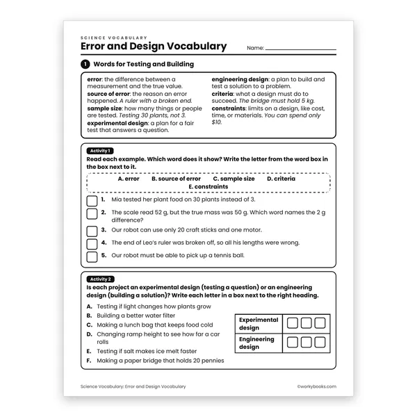 Error and Design Vocabulary worksheet for grade 6