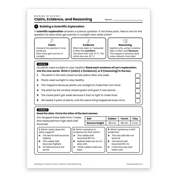 Claim, Evidence, and Reasoning worksheet for grade 6
