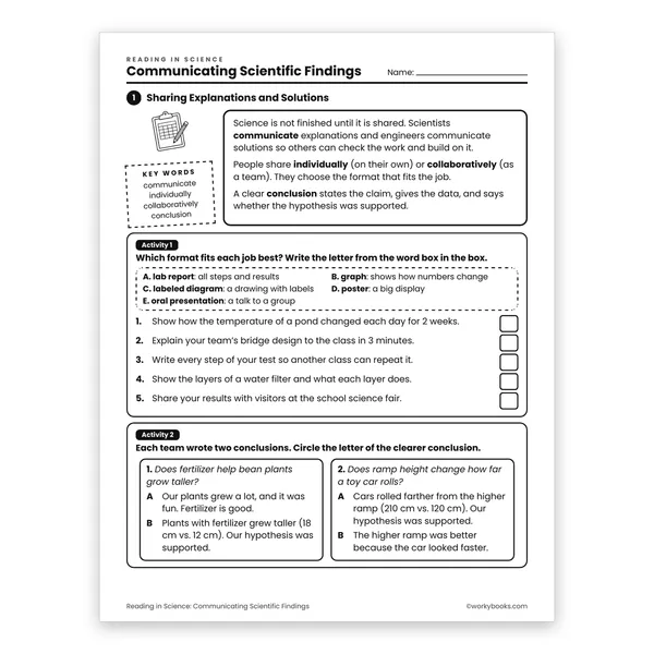 Communicating Scientific Findings worksheet for grade 6