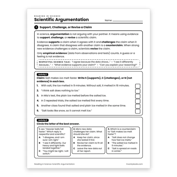 Scientific Argumentation worksheet for grade 6