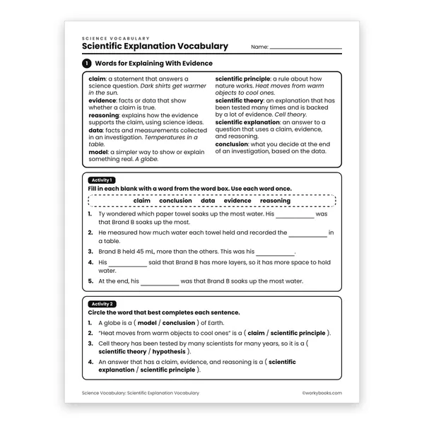 Scientific Explanation Vocabulary worksheet for grade 6