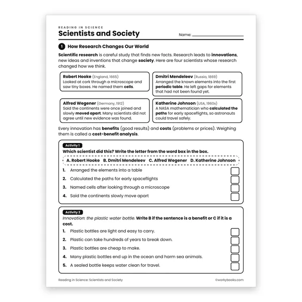 Scientists and Society worksheet for grade 6