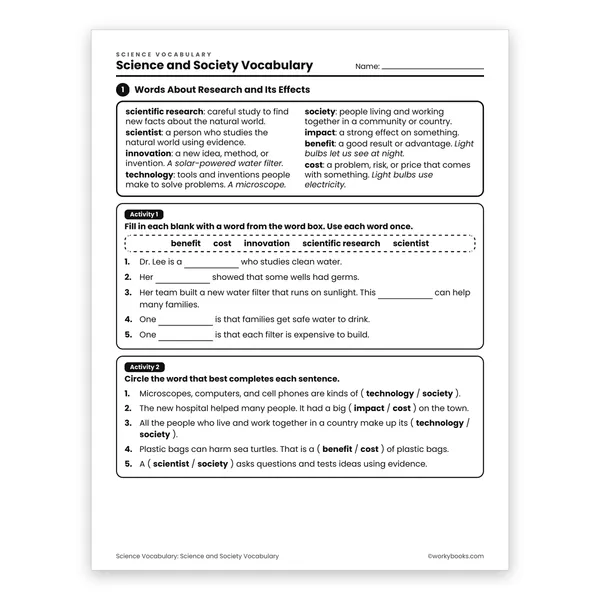 Science and Society Vocabulary worksheet for grade 6