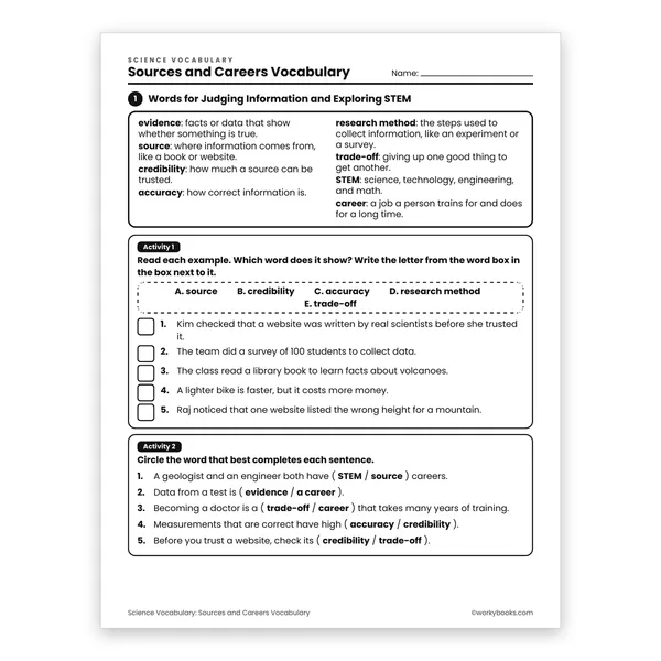 Sources and Careers Vocabulary worksheet for grade 6