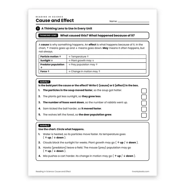 Cause and Effect worksheet for grade 6
