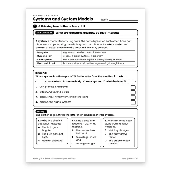 Systems and System Models worksheet for grade 6