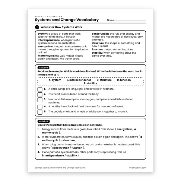 Systems and Change Vocabulary worksheet for grade 6