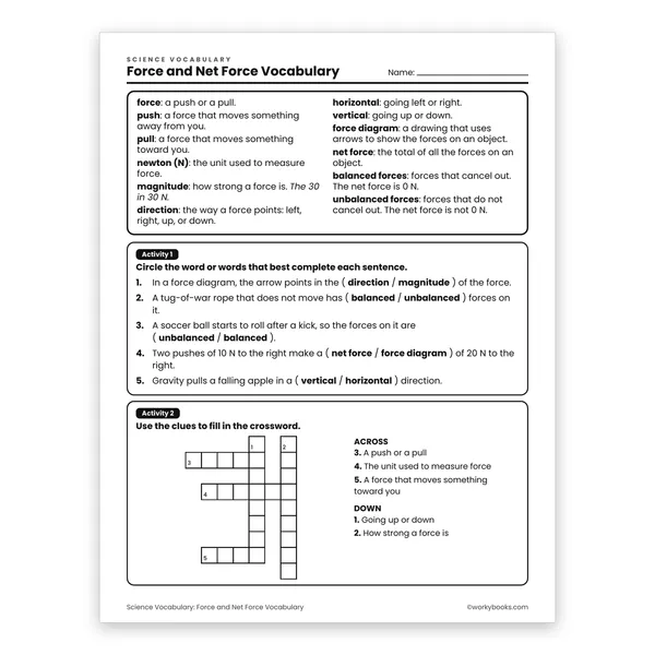 Force and Net Force Vocabulary worksheet for grade 6