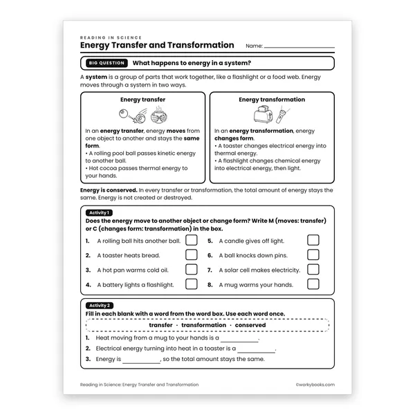 Energy Transfer and Transformation worksheet