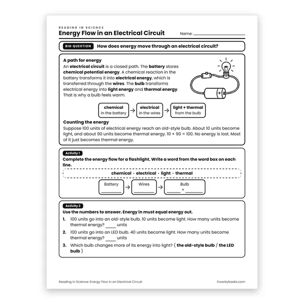 Energy Flow in an Electrical Circuit worksheet for grade 6
