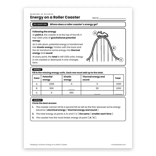 Energy on a Roller Coaster worksheet for grade 6