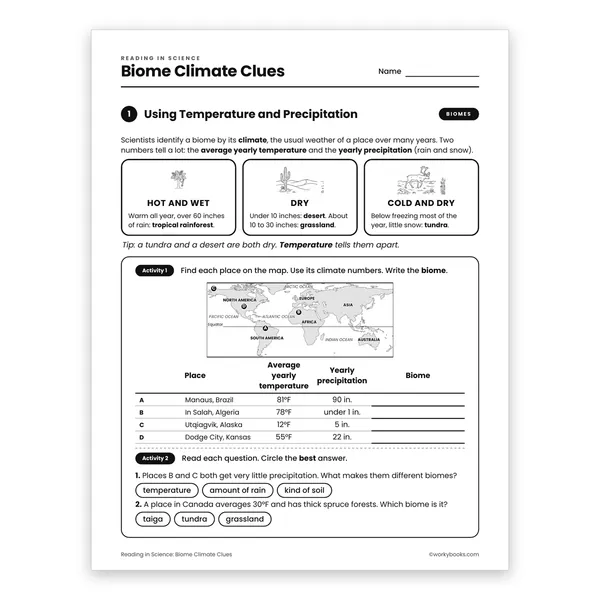 Biome Climate Clues worksheet for grade 7