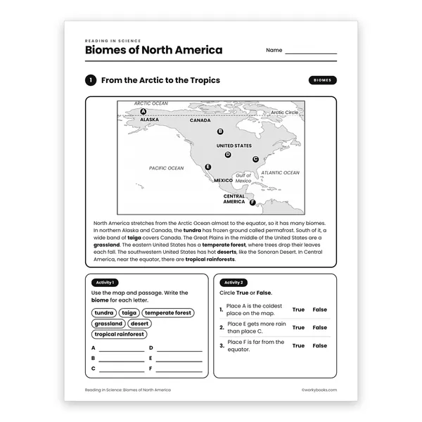 Biomes of North America worksheet for grade 7