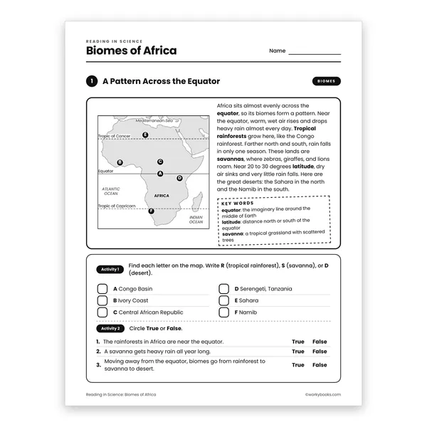 Biomes of Africa worksheet for grade 7