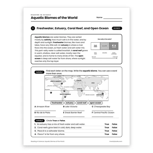Aquatic Biomes of the World worksheet for grade 7