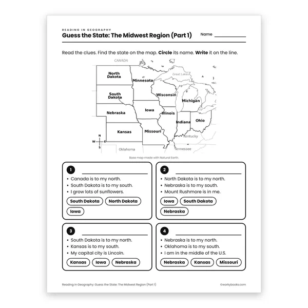 Guess the State: The Midwest Region (Part 1) worksheet for grade 3