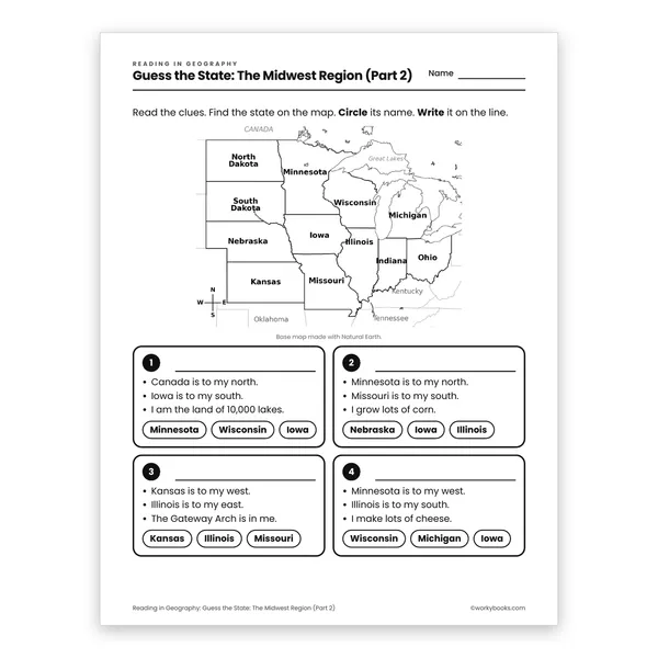 Guess the State: The Midwest Region (Part 2) worksheet for grade 3