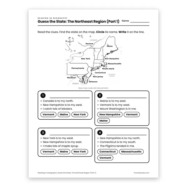Guess the State: The Northeast Region (Part 1) worksheet for grade 3