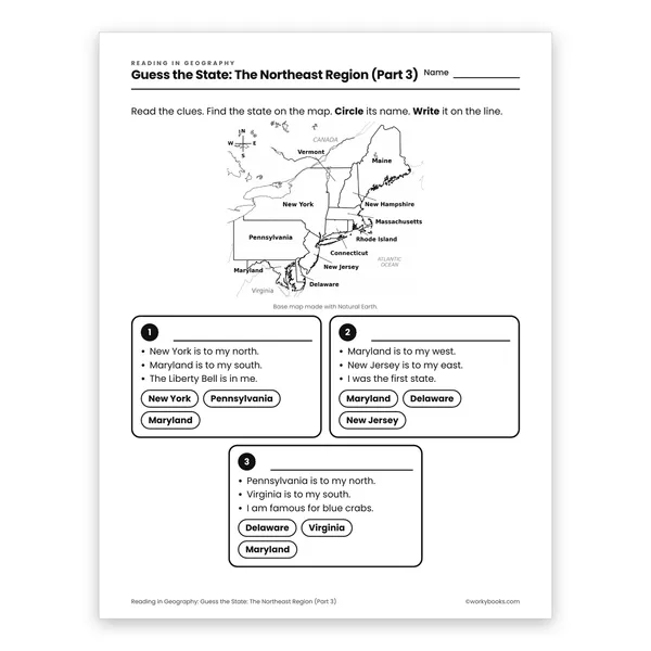 Guess the State: The Northeast Region (Part 3) worksheet for grade 3