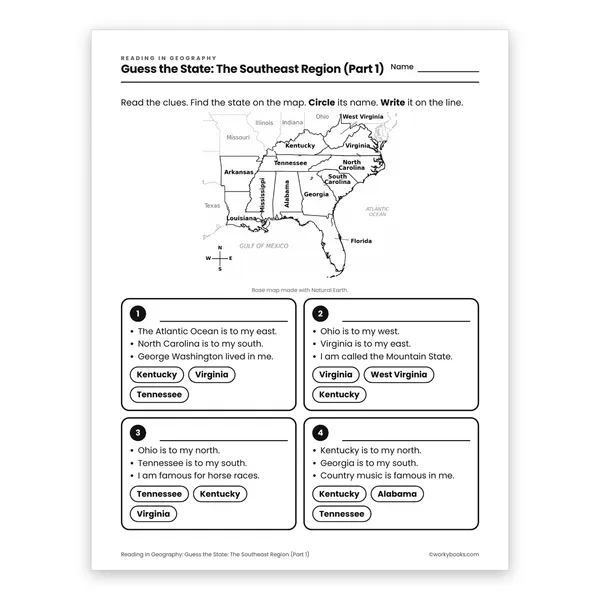 Guess the State: The Southeast Region (Part 1) worksheet for grade 3