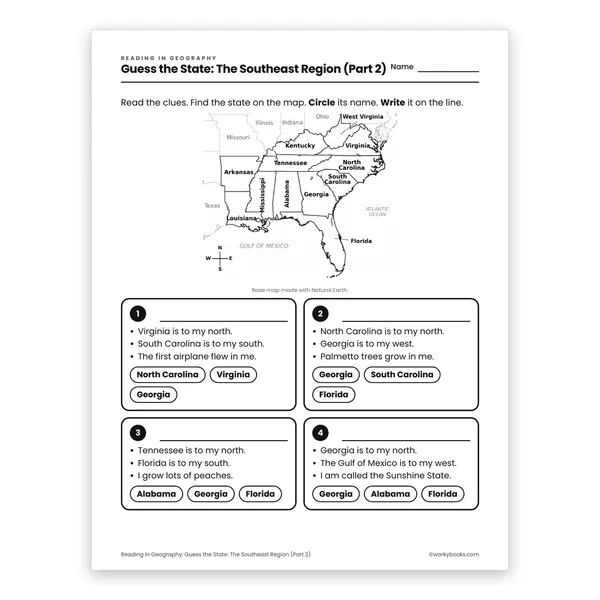 Guess the State: The Southeast Region (Part 2) worksheet for grade 3