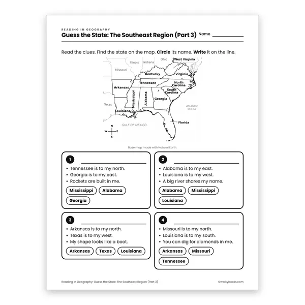 Guess the State: The Southeast Region (Part 3) worksheet for grade 3