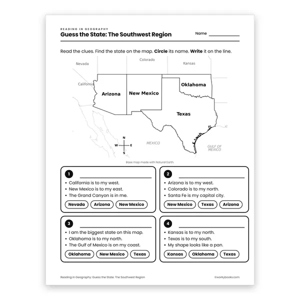 Guess the State: The Southwest Region worksheet for grade 3