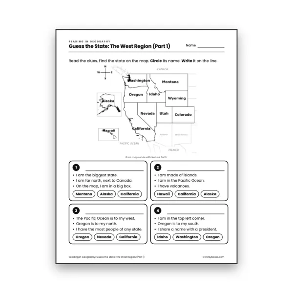 Guess the State: The West Region (Part 1) worksheet for grade 3