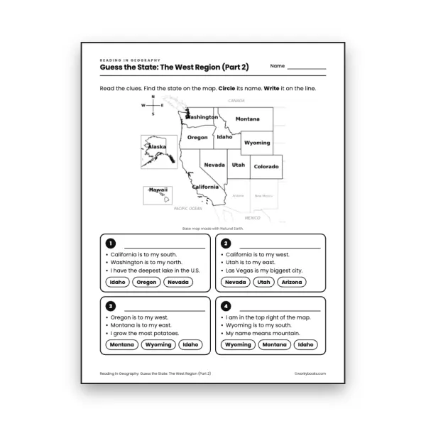 Guess the State: The West Region (Part 2) worksheet for grade 3