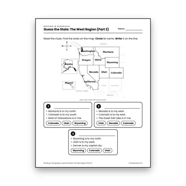 Guess the State: The West Region (Part 3) worksheet for grade 3