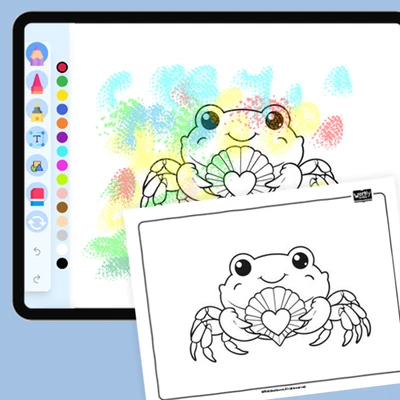 Crab holding a heart-shaped seashell - coloring educational content