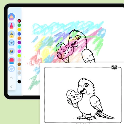 Parrot holding a heart-shaped cookie in its beak - coloring educational content