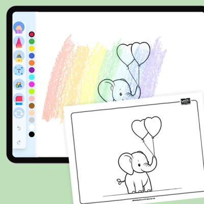 Elephant with Two Heart-shaped Balloons - coloring educational content