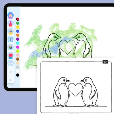 Penguin couple sharing a heart - coloring educational content
