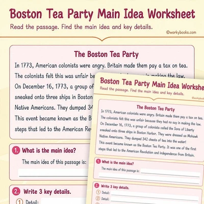 Boston Tea Party: Main Idea and Key Details - worksheet educational content