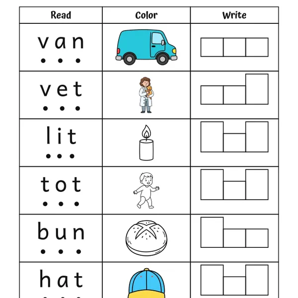 CVC Words Read, Color, Write Worksheets #1 worksheet for grades K to 1
