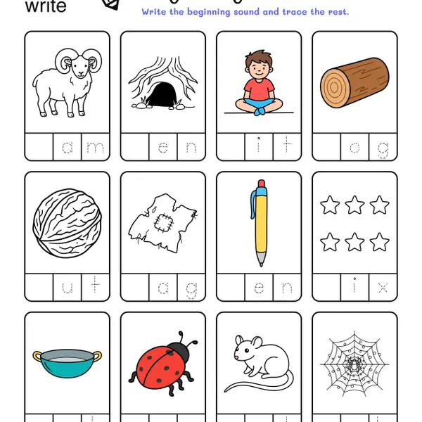 Beginning Sounds Worksheets: CVC Words #3 worksheet for grade 1