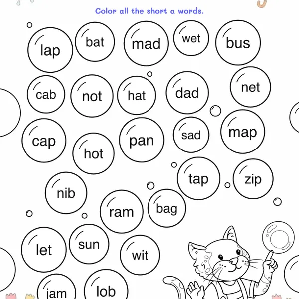 Short a Bubble Pop Worksheets worksheet for grades K to 1