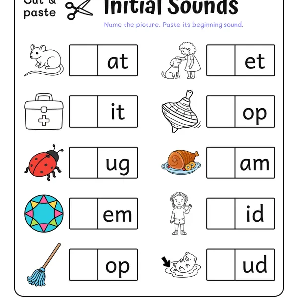 CVC Words Initial Sounds Cut & Paste Worksheets #2 worksheet for grades K to 1