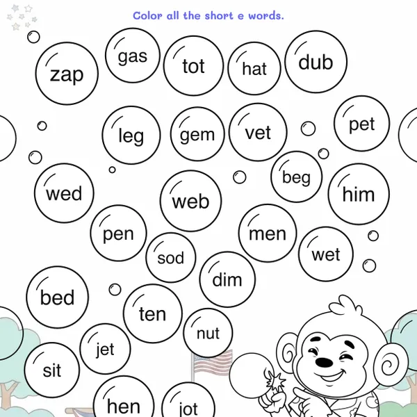 Short e Bubble Pop Worksheets worksheet for grades K to 1