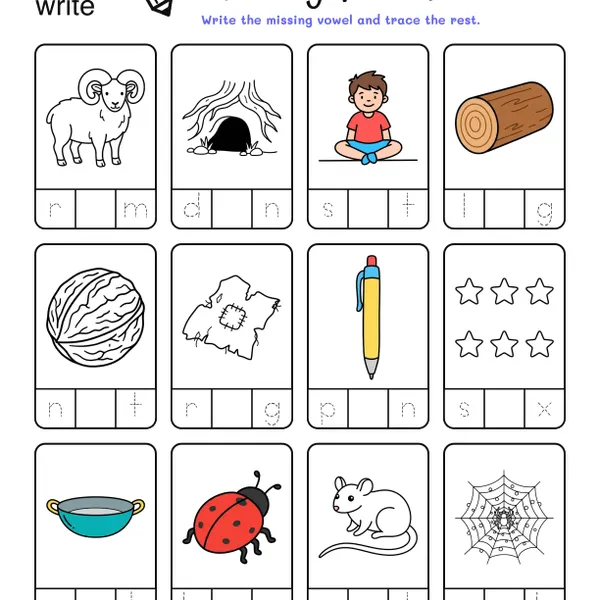 Missing Vowels Worksheets: CVC Words #3 worksheet for grade 1